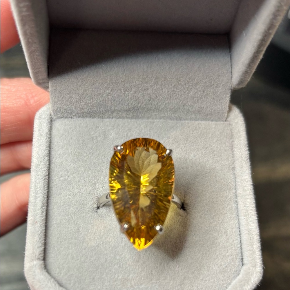 15Ct Natural Yellow Citrine Concave Pear Cut Ring in 925 Sterling Silver Size 7